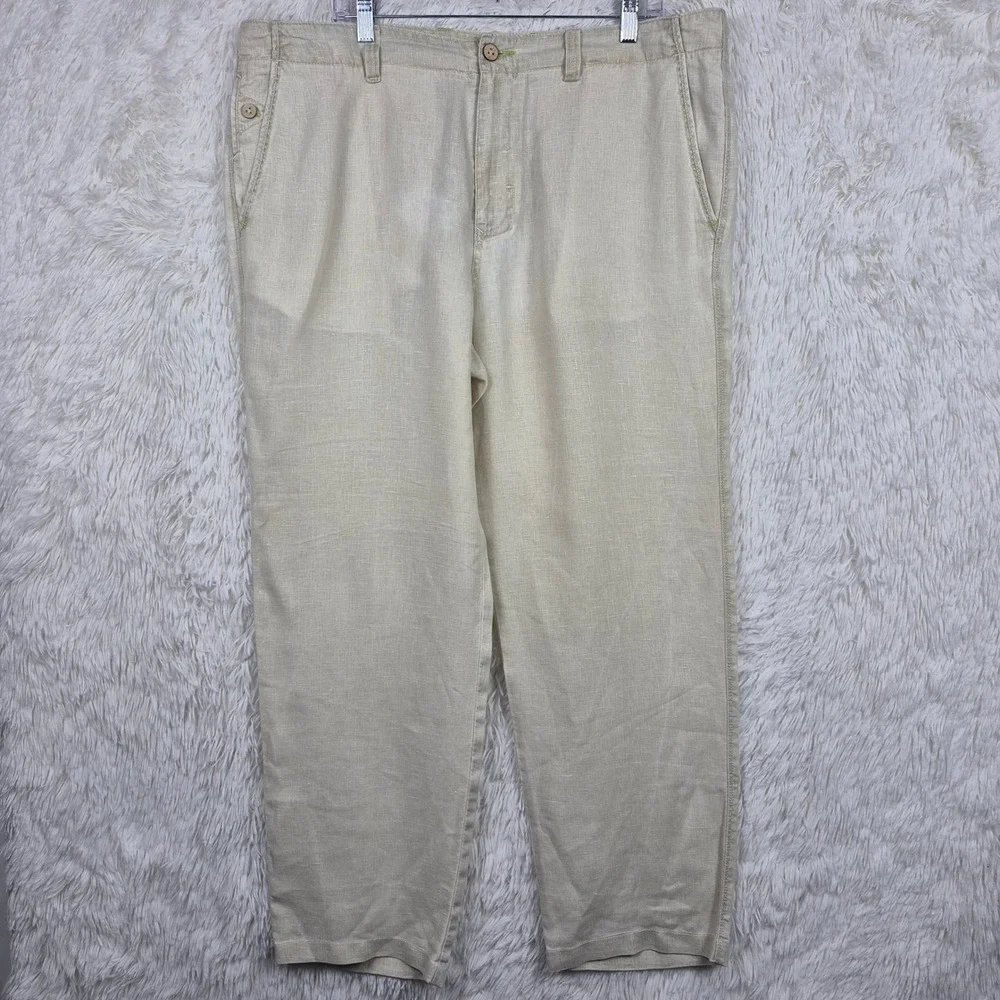 Tommy Bahama Relax Mens 38x32 Beige 100% Linen Straight Leg Pants Khaki Trousers